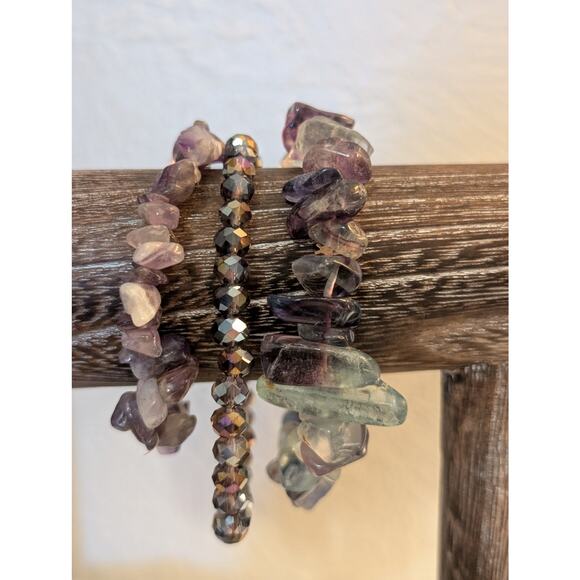 Lot of Three Purple & Green Jadeite Stone & AB Crystal Bracelets - Picture 4 of 4